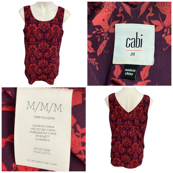 CAbi Top Style #3258 Womens Medium Cameo Print Red Purple Split Back Blouse Work - Picture 4 of 16